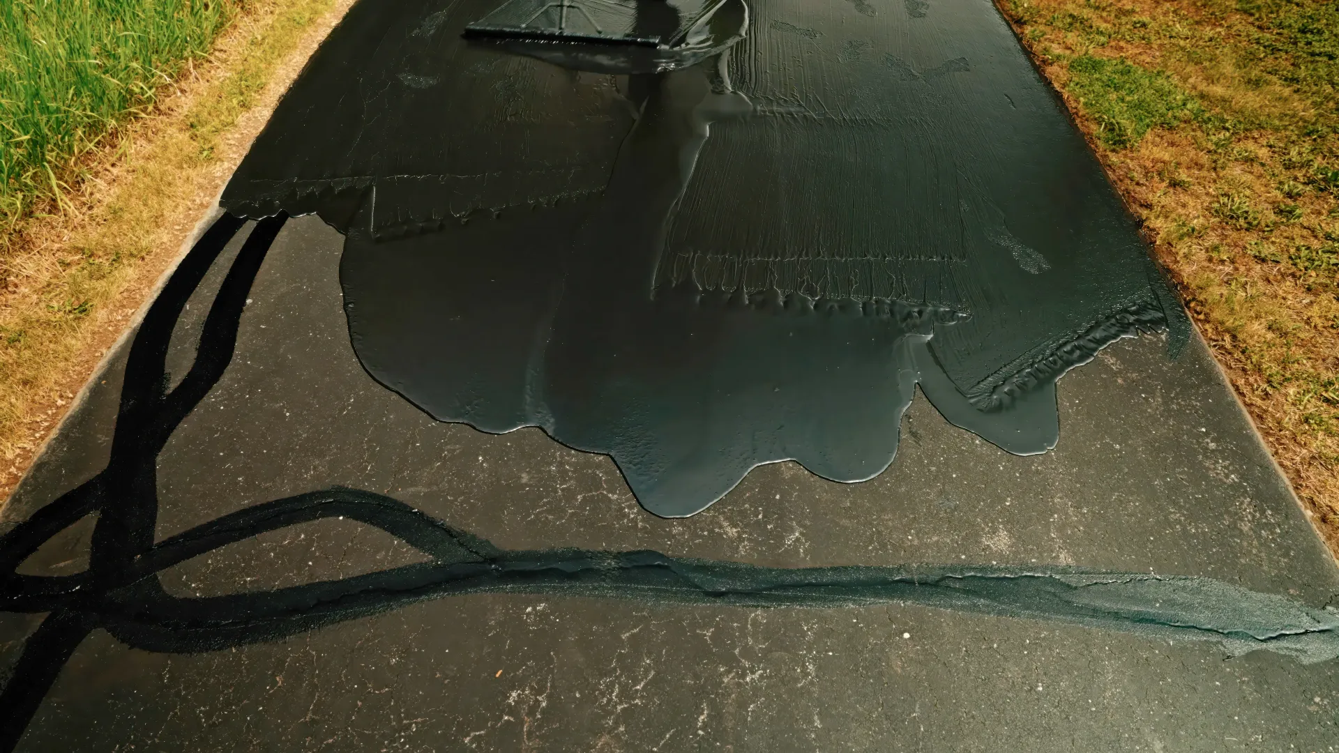 Black paving company truck parked outdoors with the driver visible inside the cab.