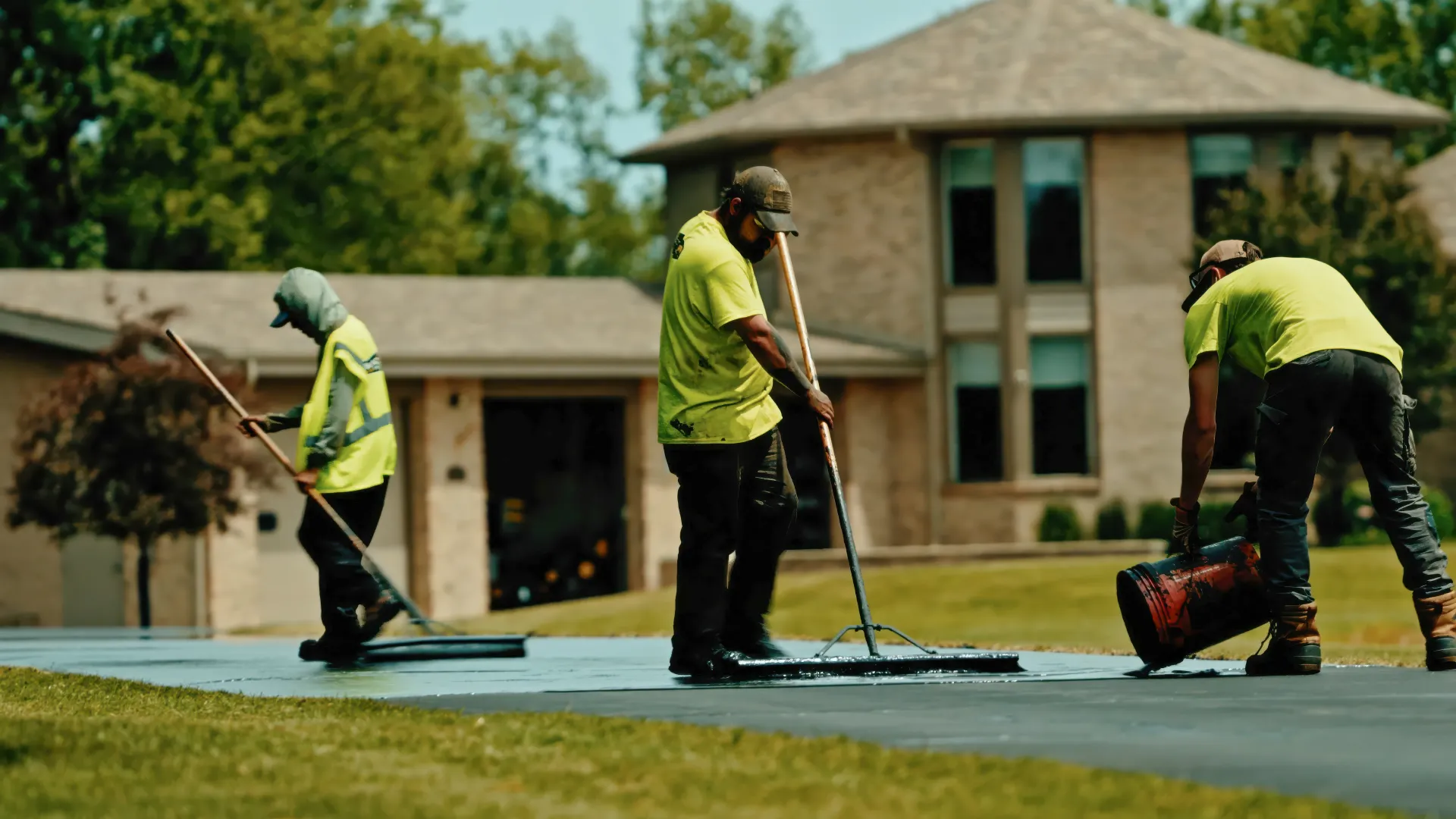 Workers in yellow vests paving a driveway in front of a house