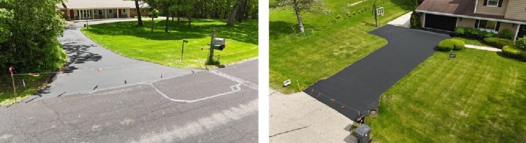 Split view of a curved driveway with a driveway apron and a black asphalt walkway beside a green lawn.