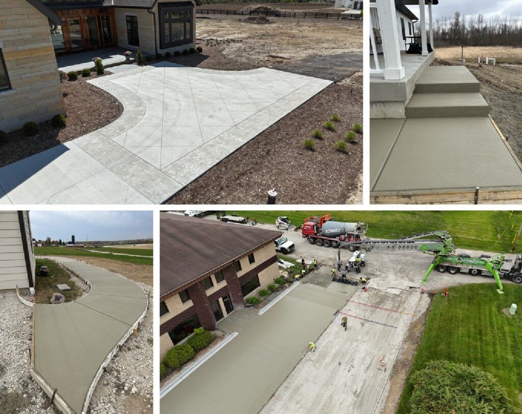 Concrete walkways and ramps around a house, viewed from multiple angles.