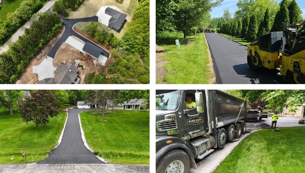 Drainage ditch and black asphalt driveway being paved beside a green grassy yard and road, with a paving truck nearby