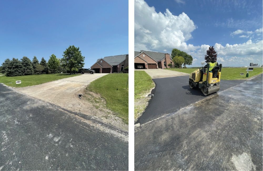 Split-view of driveway paving before and after, with a worker using a yellow machine on new black asphalt