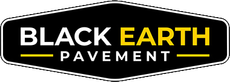 Black and gold Black Earth Pavement logo on a black sign shape