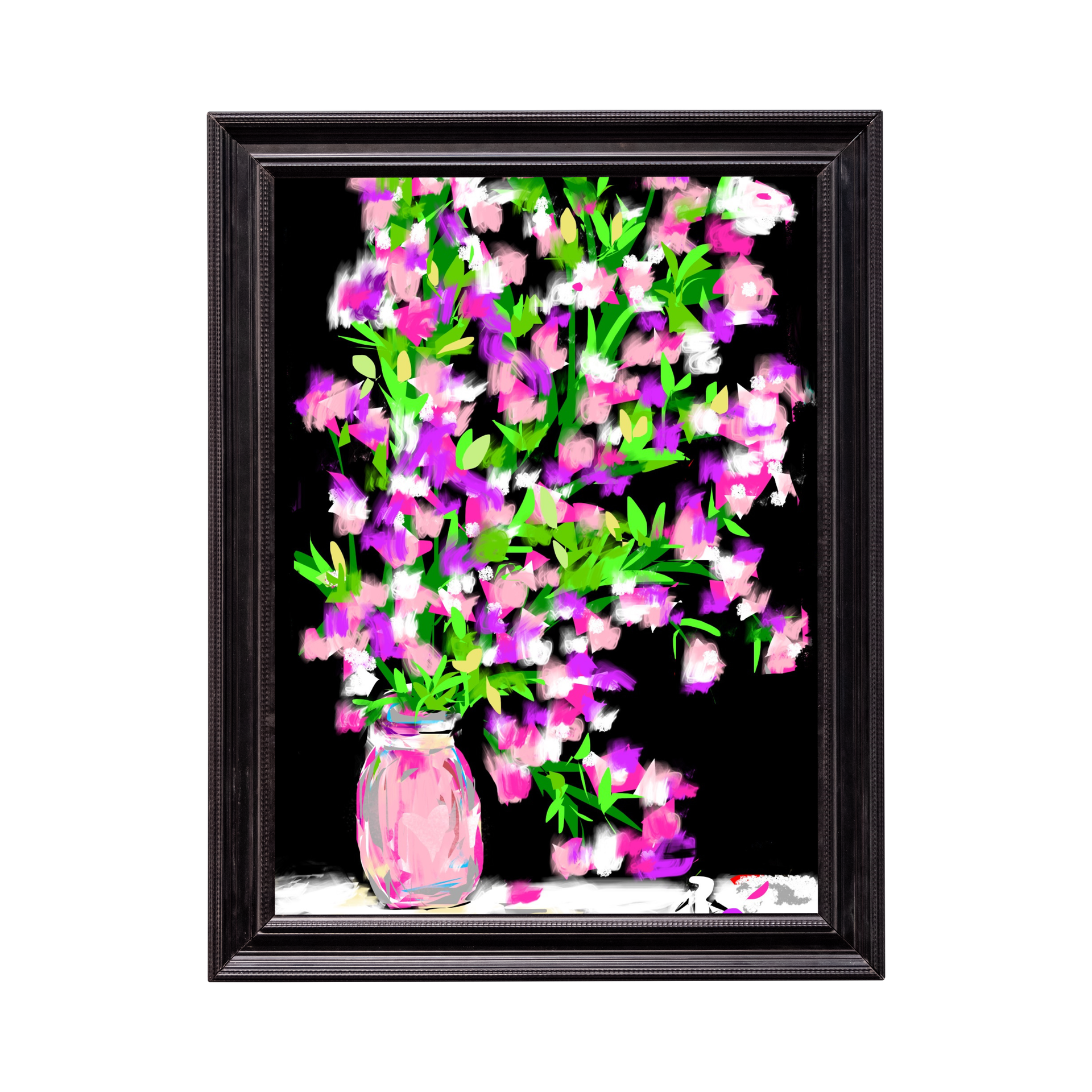Framed painting of a pink vase holding green and pink flowers on a black background