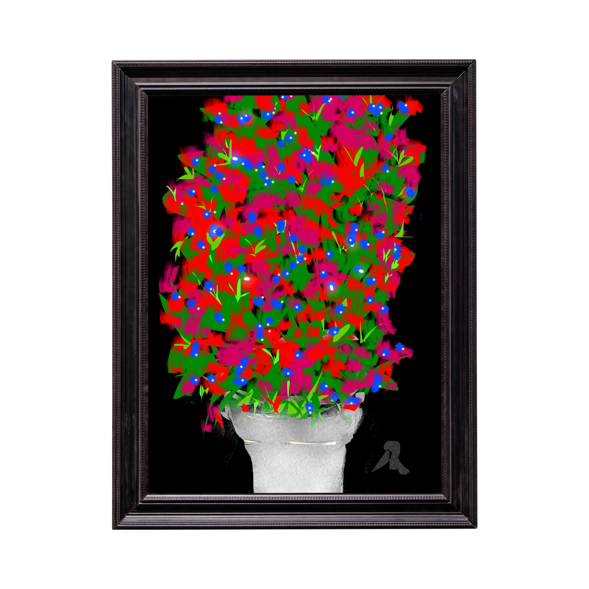Framed artwork of a colorful bouquet in a white vase on a black background