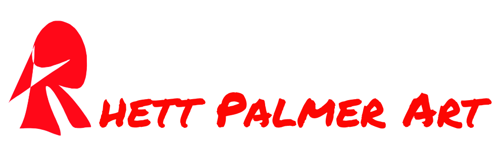 Red stylized logo reading “Rhett Palmer Art” with an abstract figure on the left