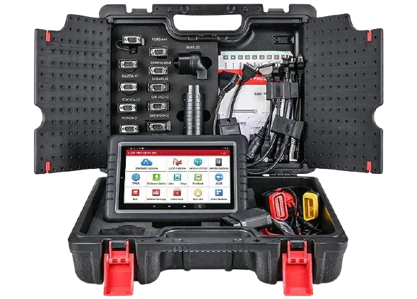 Diagnostic tool kit with tablet display and various cables inside a black case.