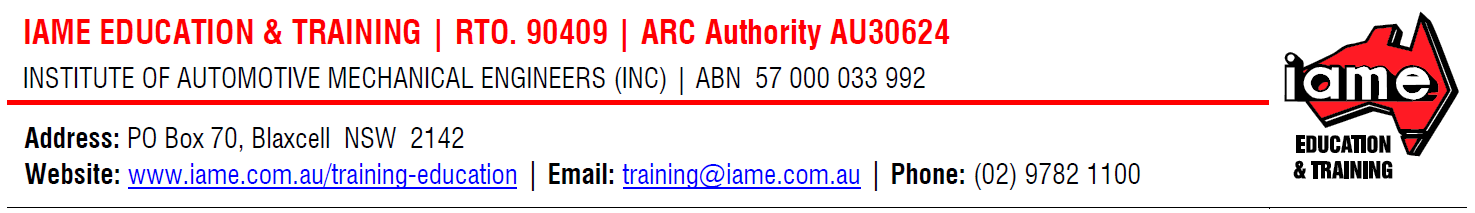 Text: IAME EDUCATION & TRAINING | RTO: 40409 | RTO Authority 400576. Details include the address, website, email, and phone number. Logo: IAME logo.