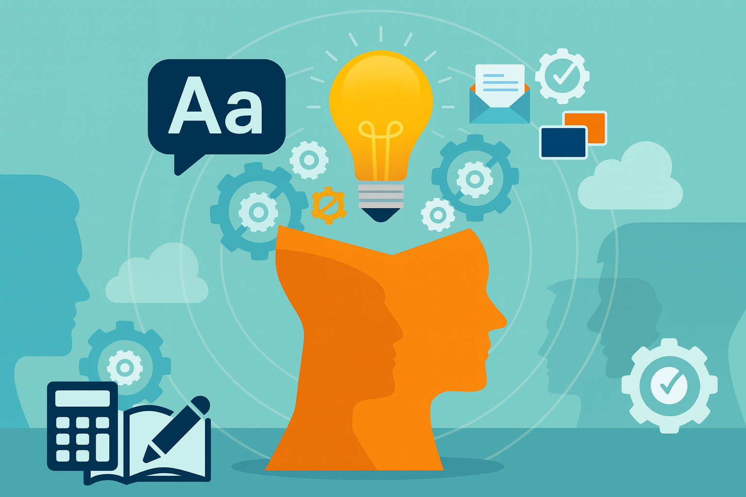 Orange head silhouette with gears, lightbulb, text bubble, and other icons indicating thought and ideas.