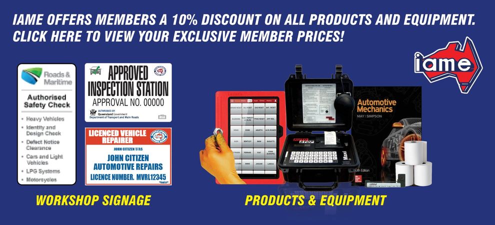 Advertisement for JAME, offering members a 10% discount on products and equipment. Blue background, with workshop signage and products.