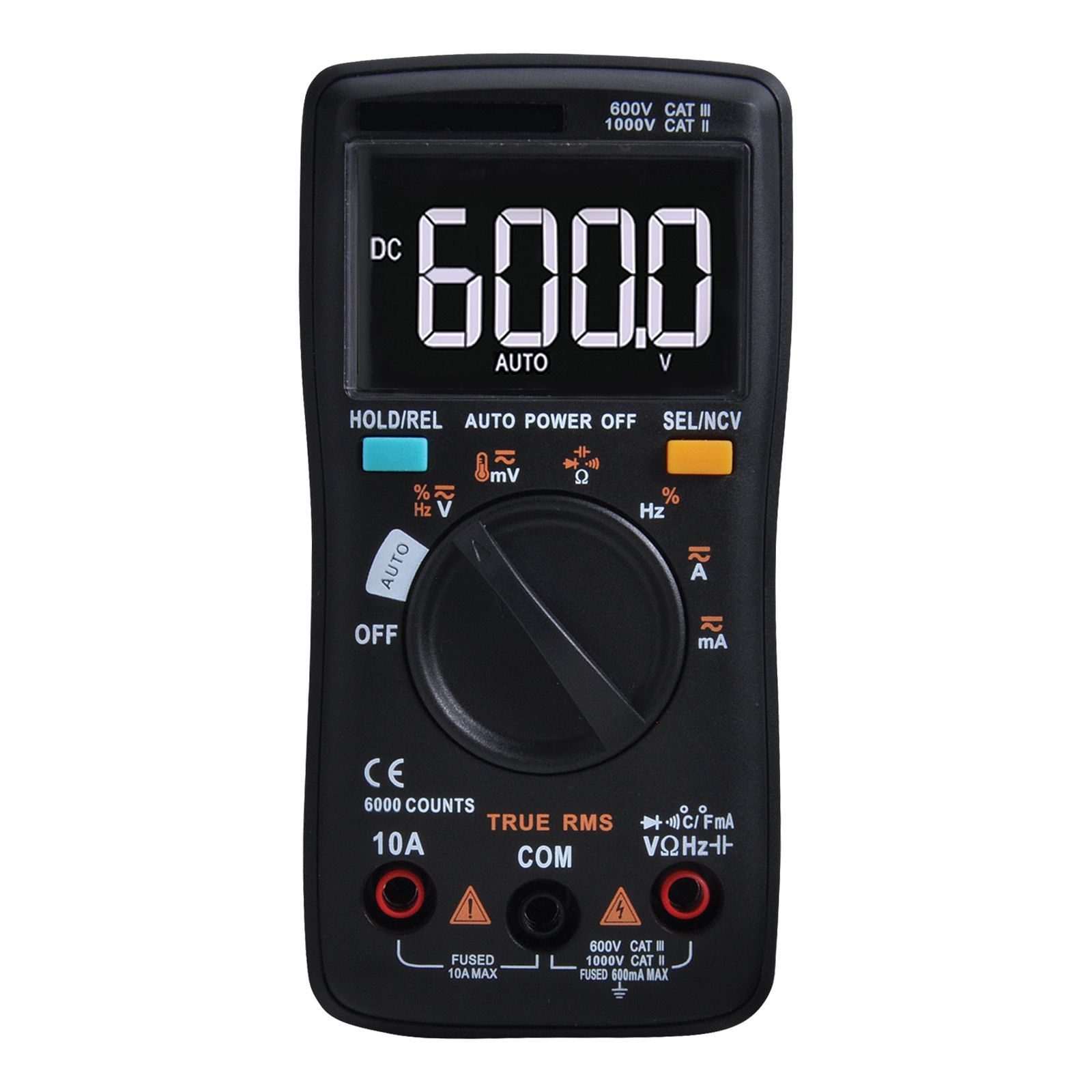 Black digital multimeter with a dial and LCD display showing 