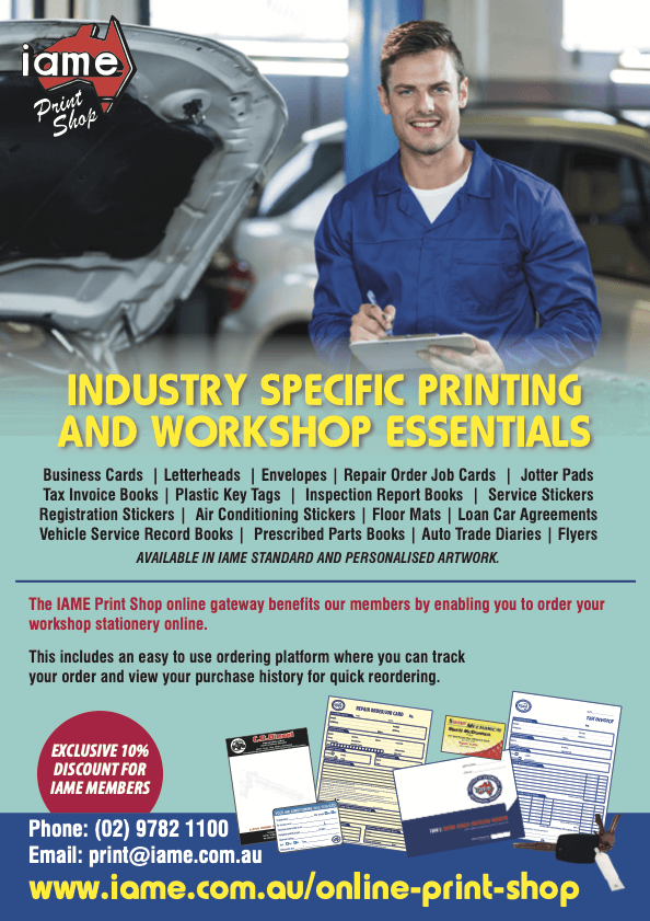 Advertisement for IAME Print Shop with a mechanic and workshop essentials.