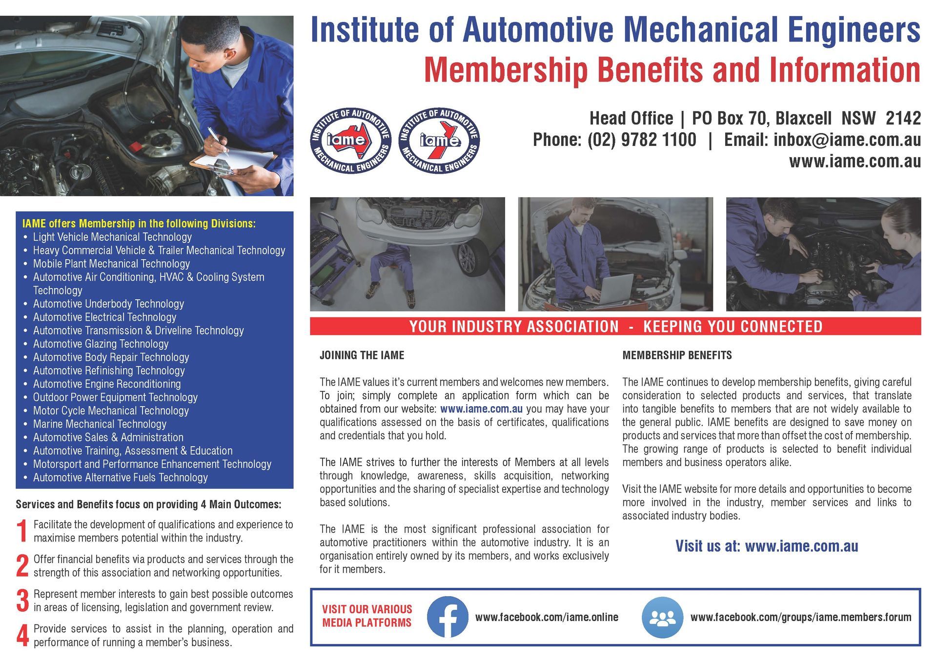 Flyer: Institute of Automotive Mechanical Engineers details membership benefits. Mechanic works on car, images of members. Contact info listed.