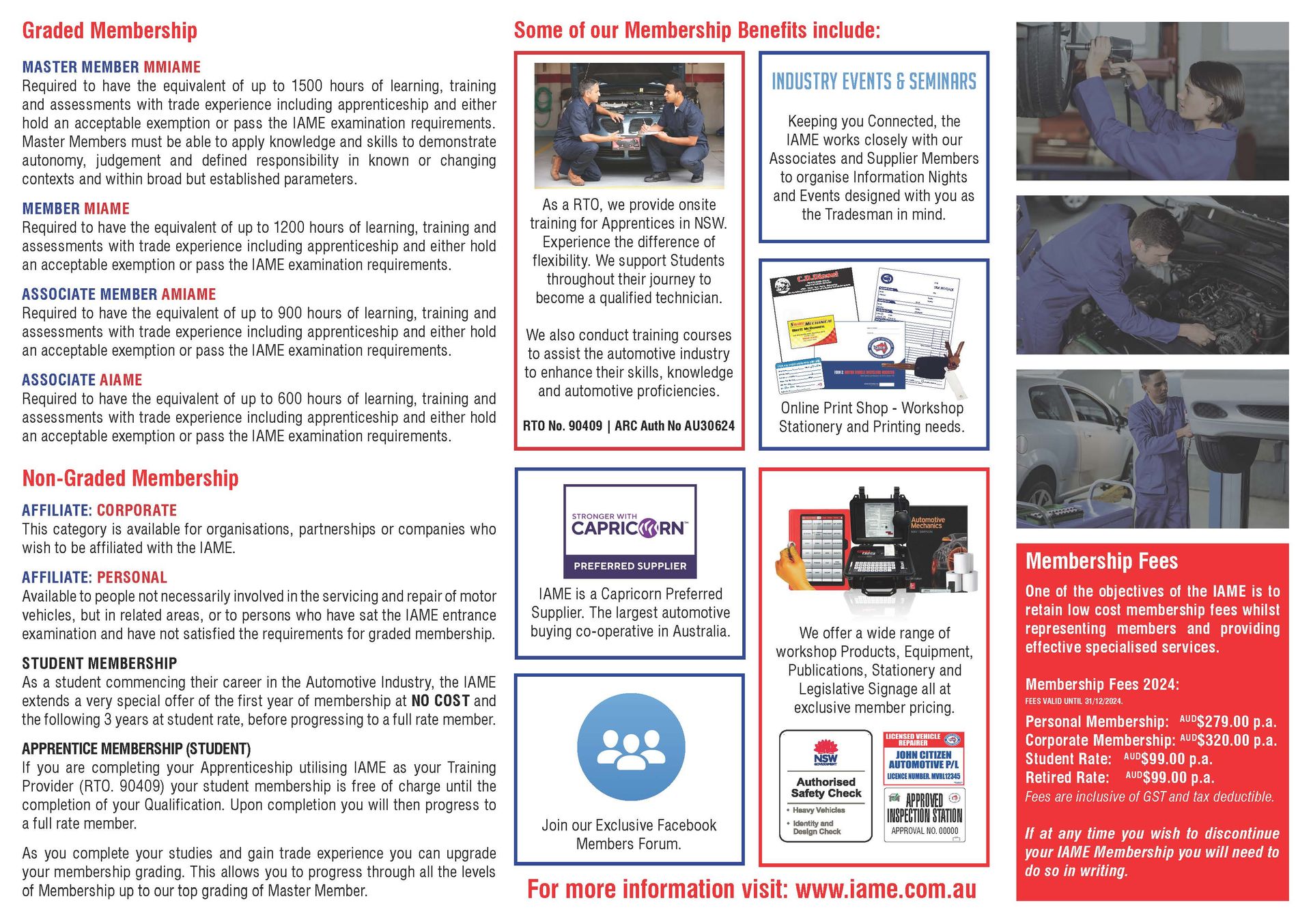 Brochure about car mechanics with membership benefits. Photos include mechanics working, tools, and a service computer.