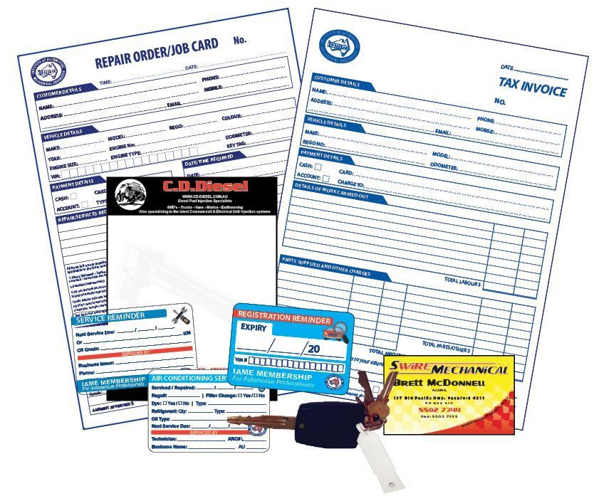 Repair order forms, tax invoice, key tag, and car keys. Repair shop forms and keys.