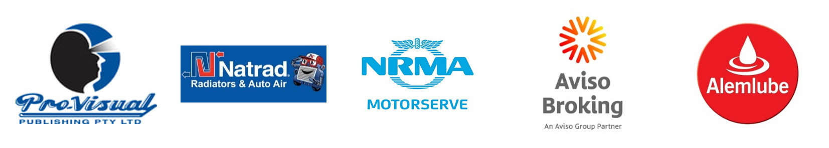 Logos of ProVisual, Natracare, NRMA Mototrsave, Aviso Broking, and Alemibe.