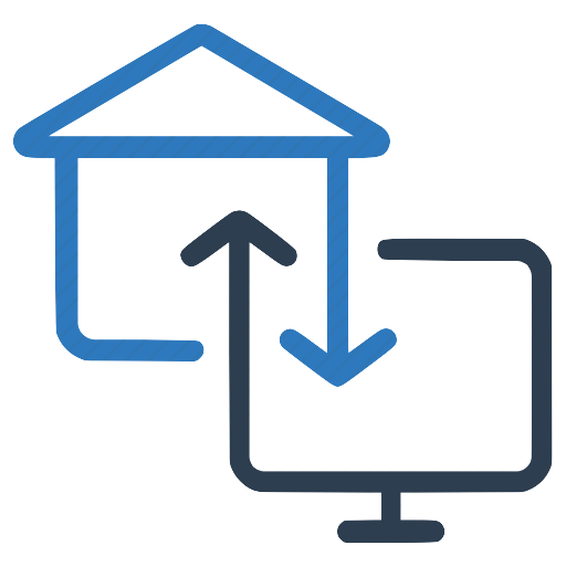 Blue house icon with arrows pointing to and from a blue monitor, representing data transfer.