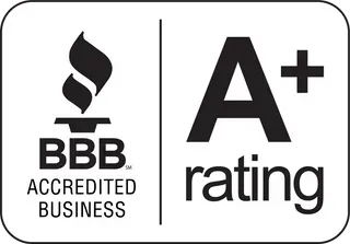 BBB Accredited Business logo with a flame and A+ rating.