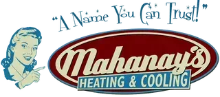 Logo for Mahanay's Heating & Cooling. Includes woman pointing, oval logo, text: 