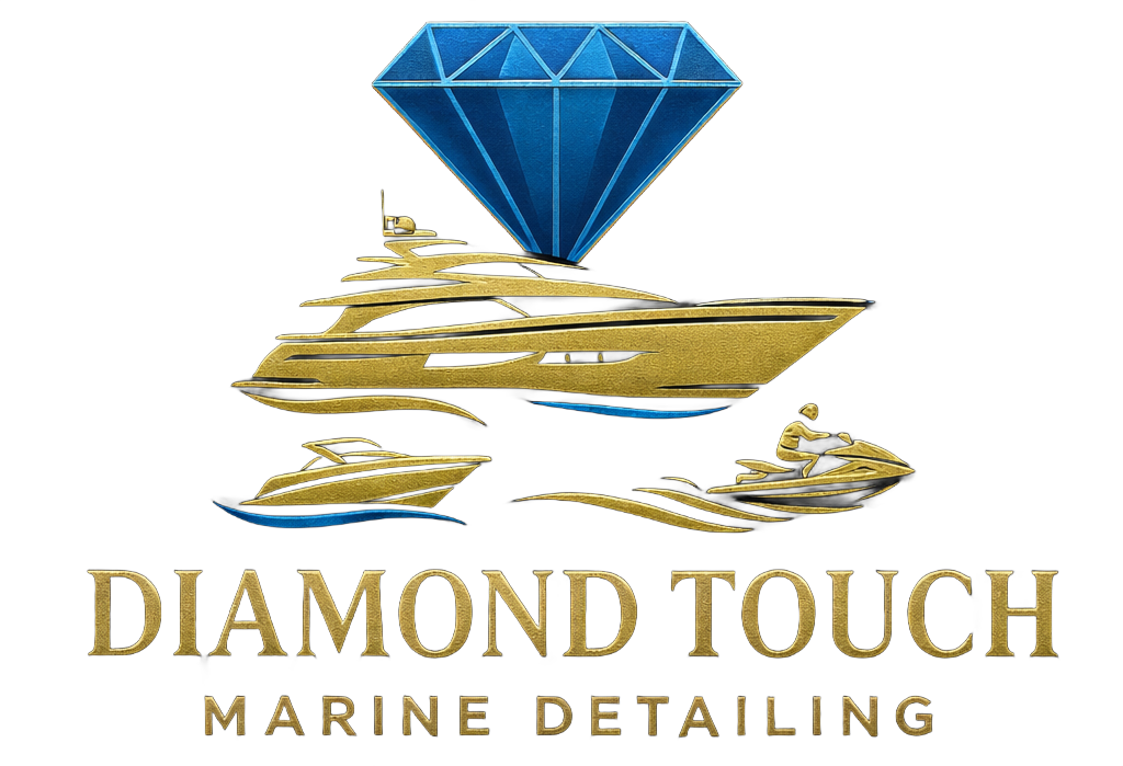 A blue diamond logo floating above golden yacht outlines, with the text 