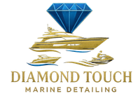 A blue diamond logo floating above golden yacht outlines, with the text 