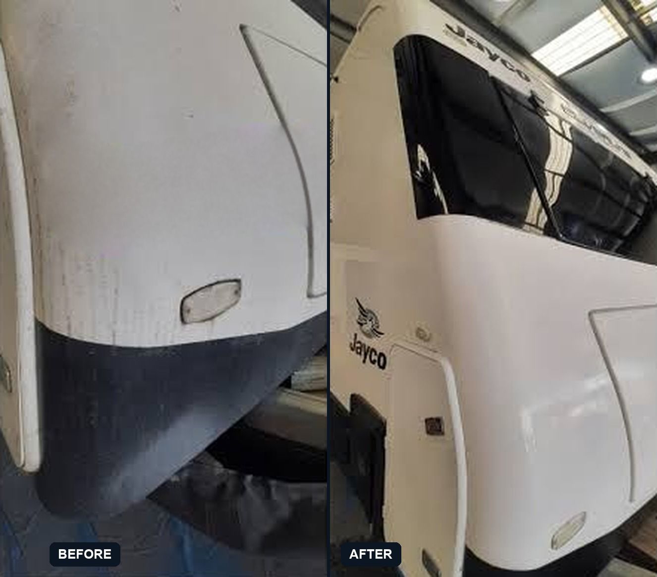 A before and after comparison of a Jayco RV front panel, showing significant dirt removal and a restored clean finish.