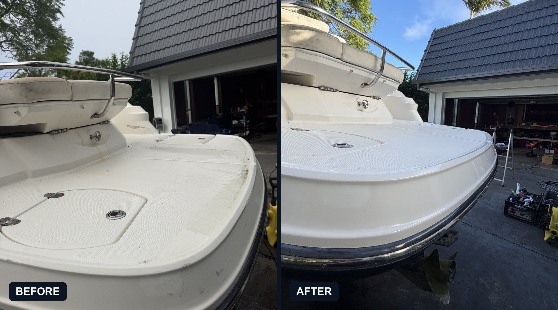 Split-screen comparison of a boat vent: a dull, oxidized black vent before cleaning on the left, and polished chrome on right.