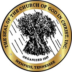 Seal of the Church of God in Christ, Inc. with a wheat sheaf graphic. Gold rim, black text.