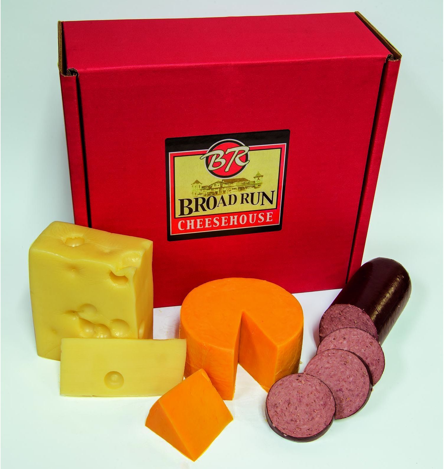 Red gift box with cheese and sausage, branded 
