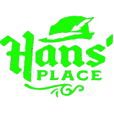 Green logo for Hans' Place, a restaurant. Features text and a hat graphic.