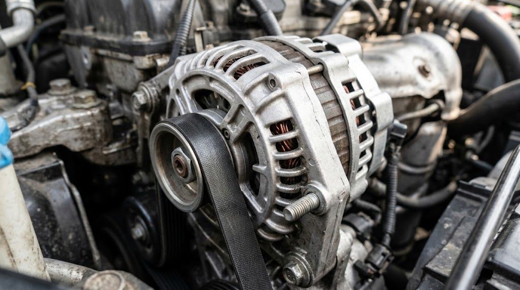 Close-up view of car alternator with belt
