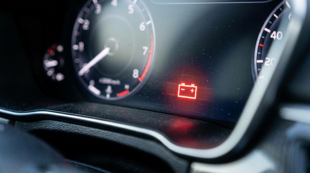Car dashboard with battery warning light on