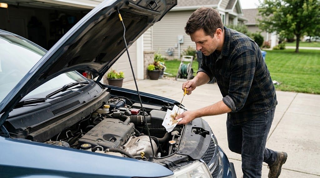 Car owner checking oil level