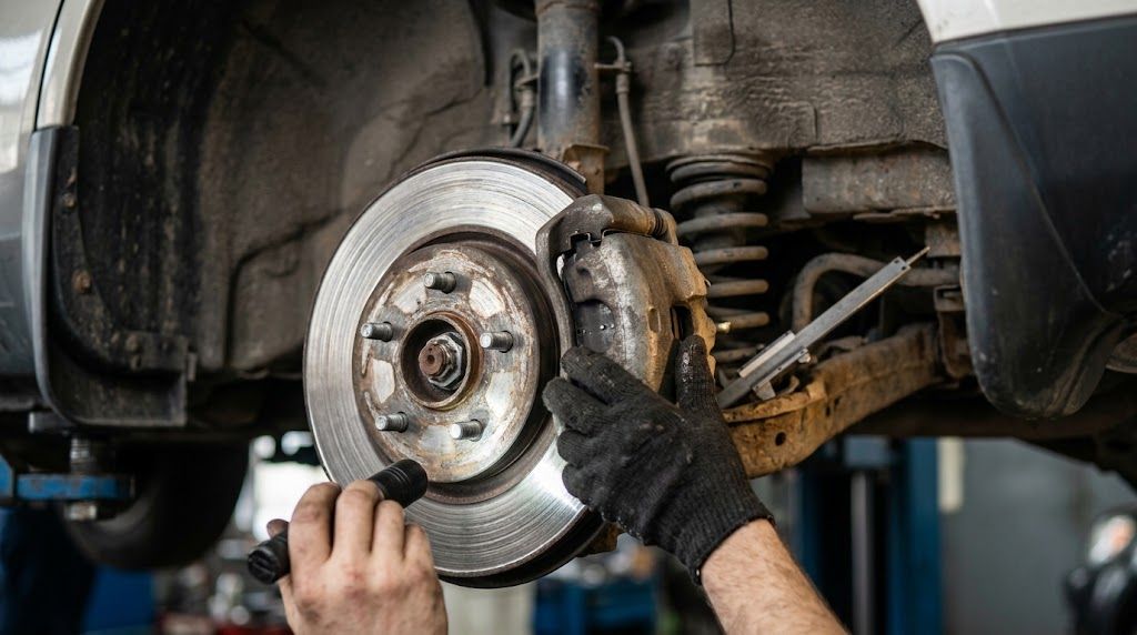 Mechanic inspecting car brakes