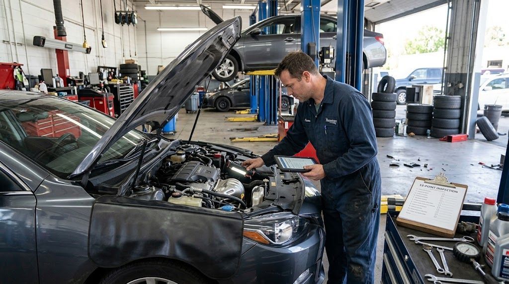 Mechanic performing 12-point inspection on a car