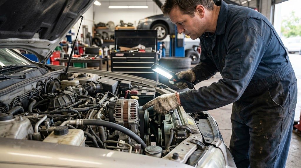 Mechanic checking car alternator under the hood