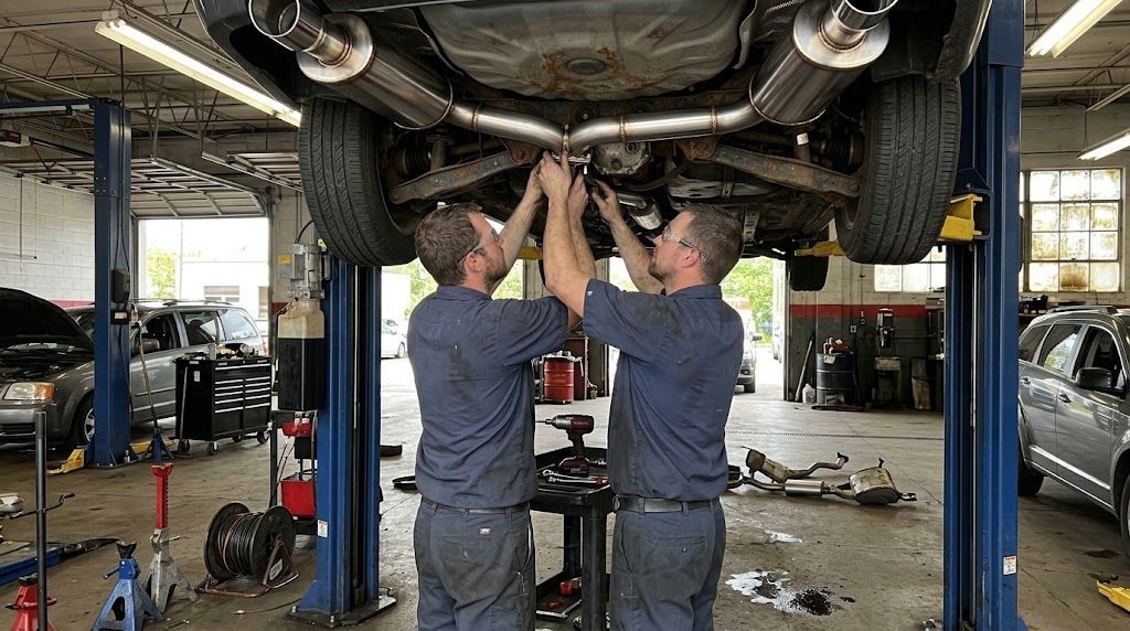 Mechanic installing custom exhaust system on a car