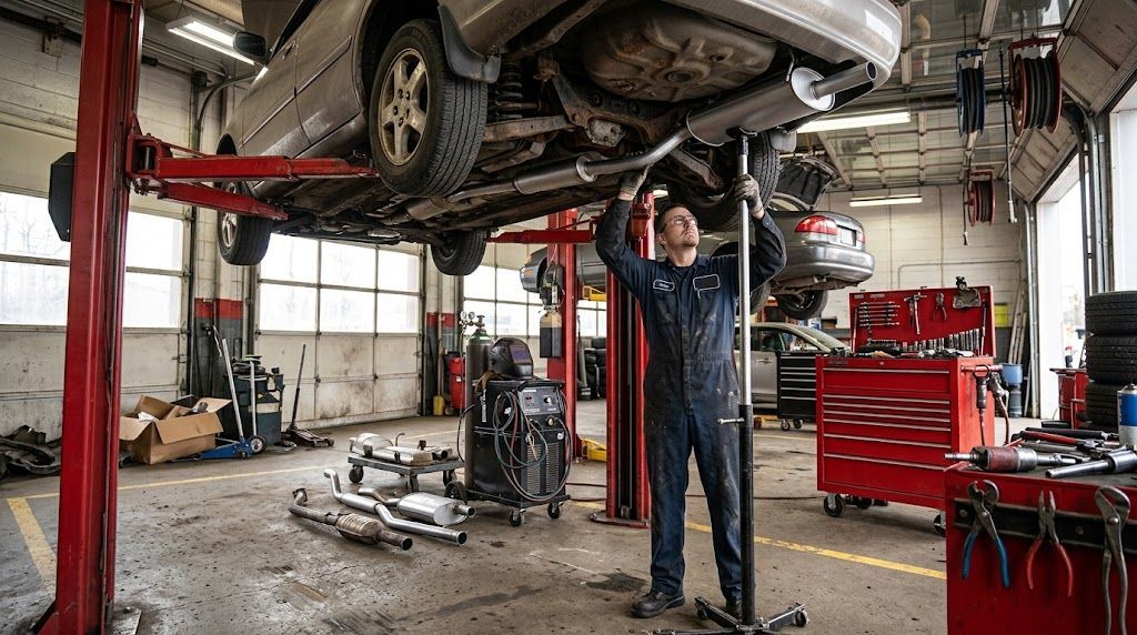 Mechanic workshop with tools for exhaust installation