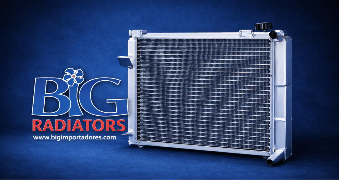 Logotipo de Big Radiators junto a un radiador de coche plateado sobre un fondo azul.