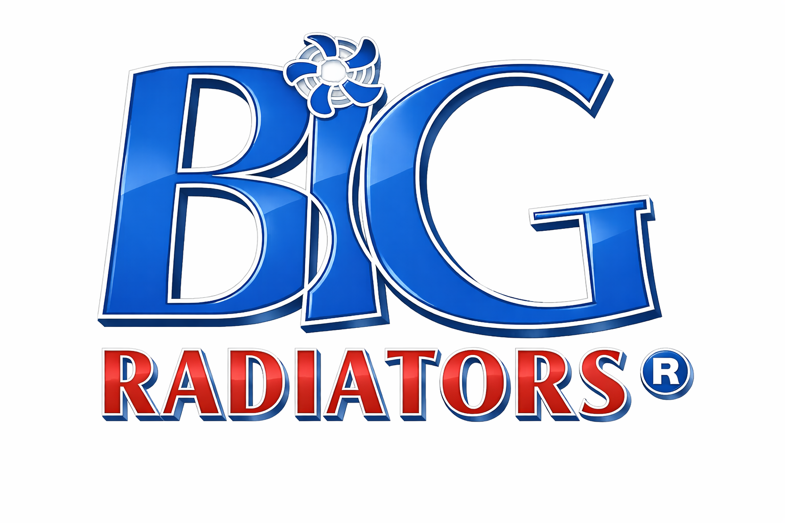 Logotipo de BIG Radiators en azul y rojo con iniciales estilizadas y un pequeño icono de ventilador.