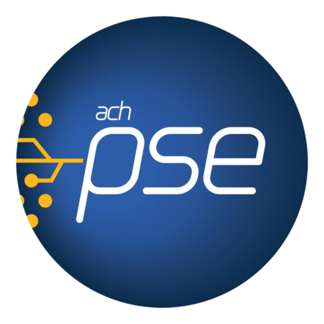 Logotipo circular azul de ACH PSE con texto blanco y detalles de circuitos amarillos.