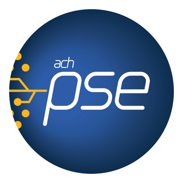 Logotipo circular azul de ACH PSE con texto blanco y puntos de red amarillos.