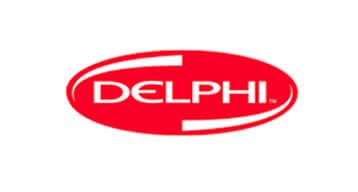 Logotipo rojo de Delphi en forma ovalada con texto blanco sobre fondo blanco.