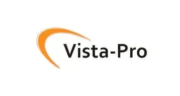 Logotipo de Vista-Pro con texto negro y una franja curva naranja sobre un fondo blanco.