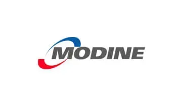 Logotipo de Modine con texto gris y franjas rojas y azules sobre un fondo blanco.