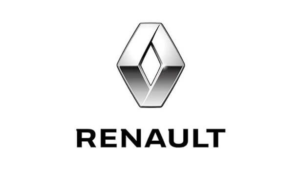 Logotipo de Renault con emblema de diamante plateado sobre logotipo negro sobre fondo blanco