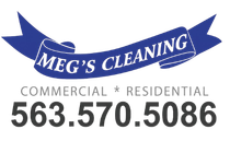 Logo for Meg's Cleaning: blue ribbon with text "Meg's Cleaning" and phone number, advertising commercial & residential cleaning.