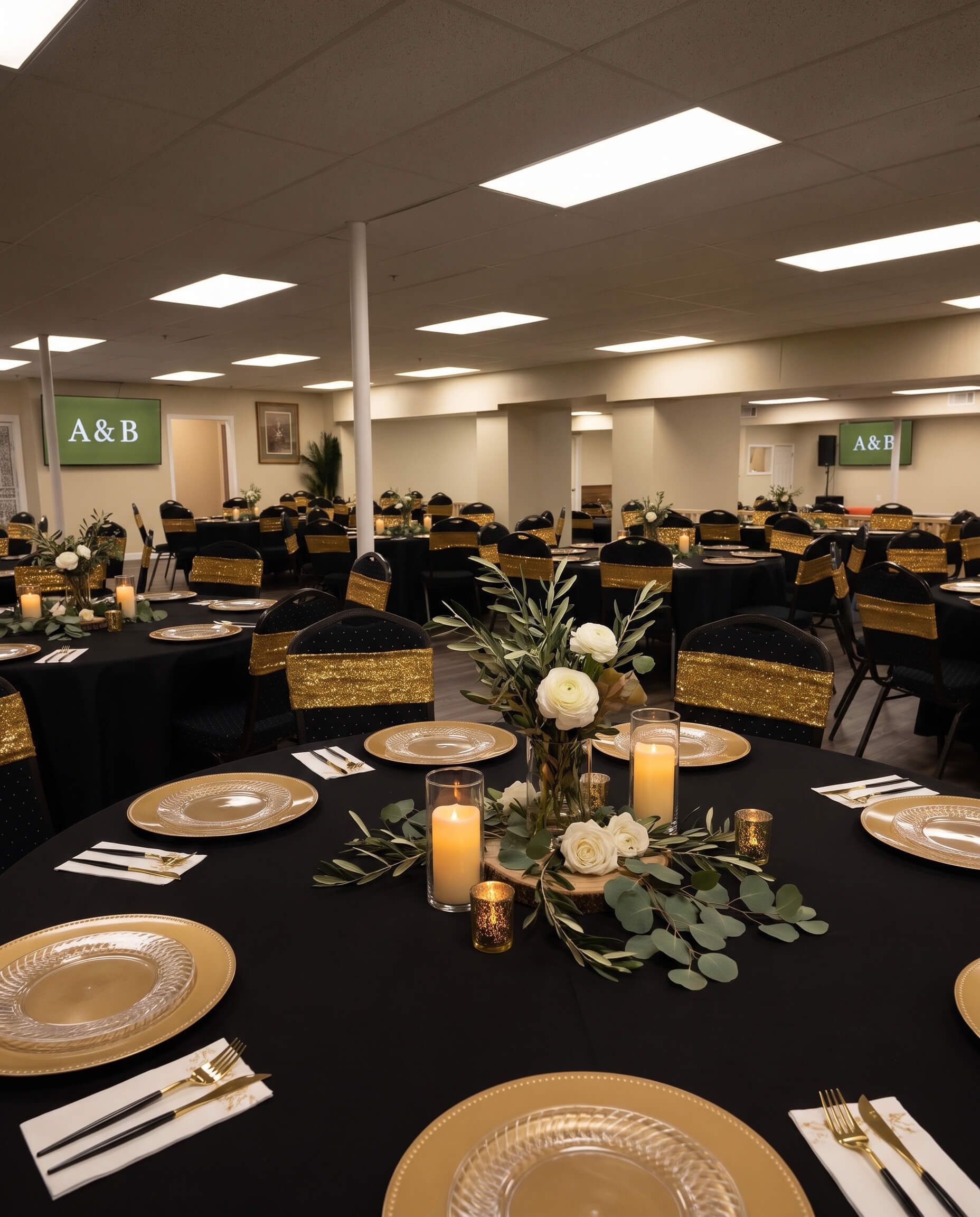 Banquet hall with round tables, black and gold decor