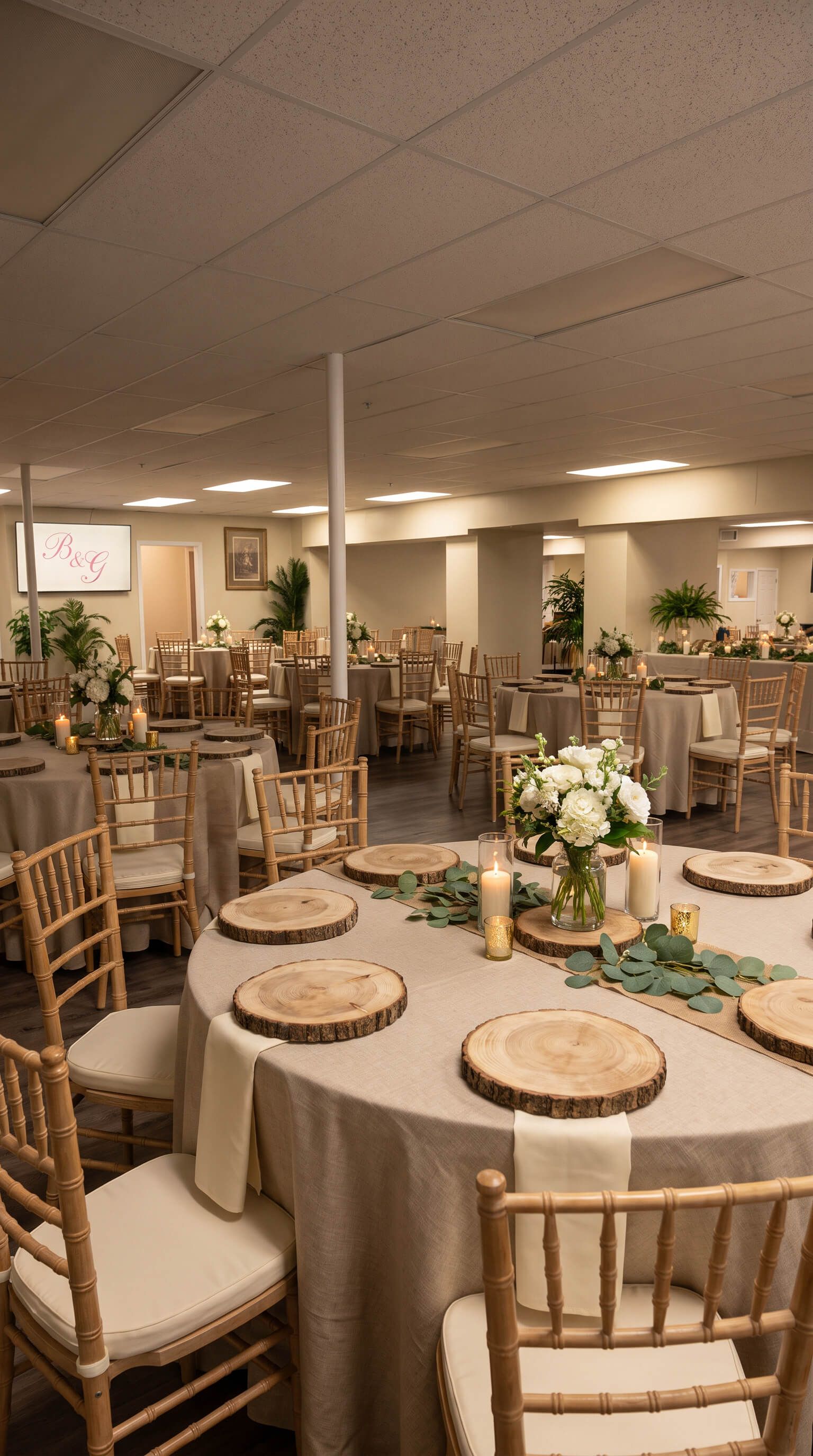 Elegant banquet hall set for an event.