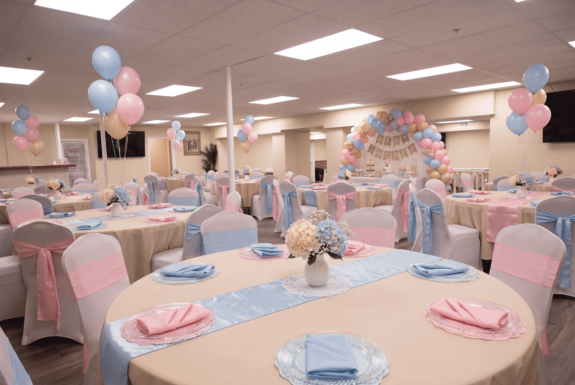 Banquet hall with round tables and pink chair covers